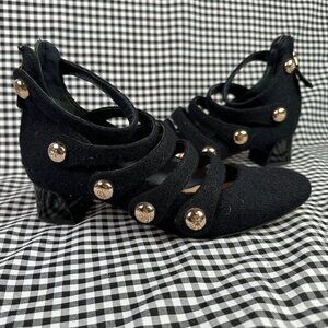 Tory Burch Marisa Low Heel Black Gold Wool Strappy Mary Jane Pumps Women's 6
